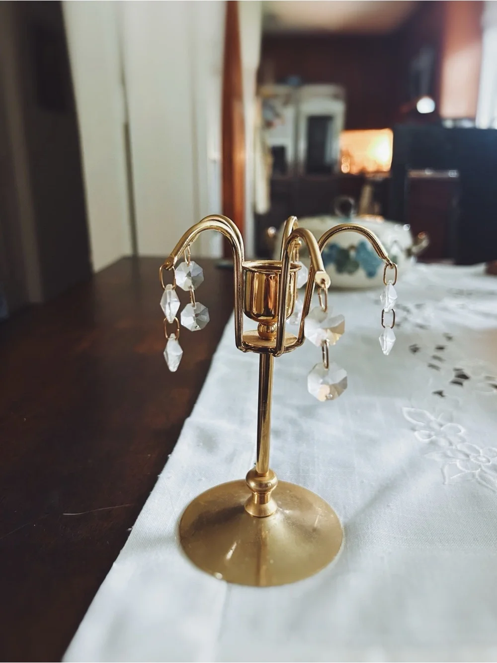 Vintage Brass Taper Candle Holder With Crystal Prisms